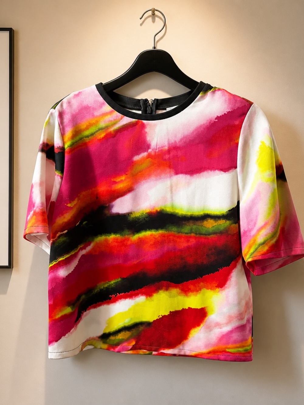 DKNY Short Sleeve Watercolor-Print Top in Pink, Yellow & Black